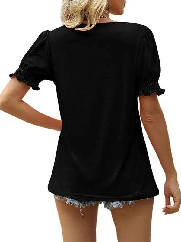 V-Neck Collared Short-Sleeve Puff-Sleeve T-Shirt