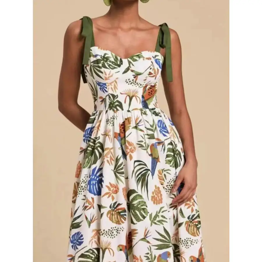Tropical Print Tie-shoulder Sweetheart Neck Midi Dress