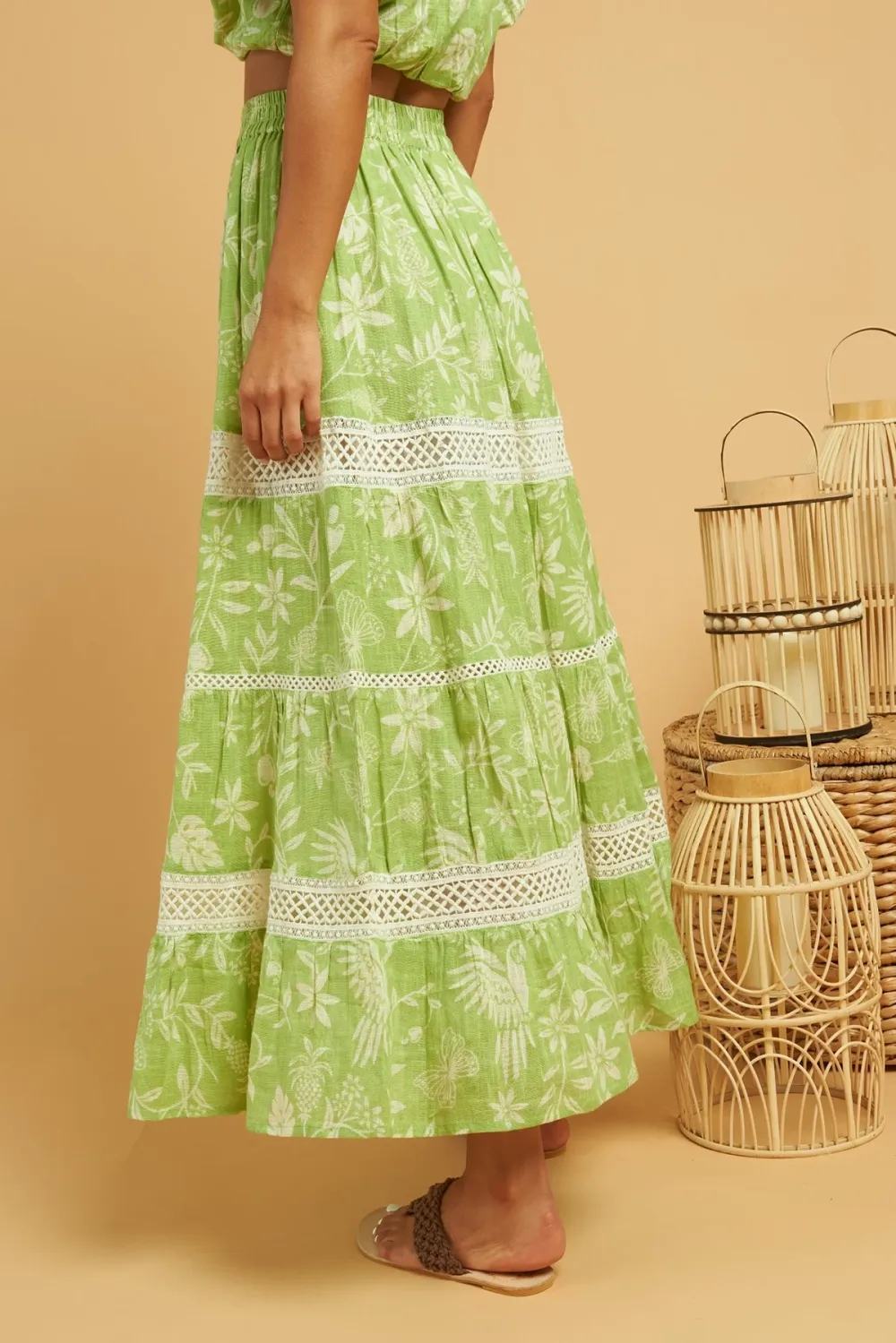 Light Green And White Lace Trimmed Maxi Skirt
