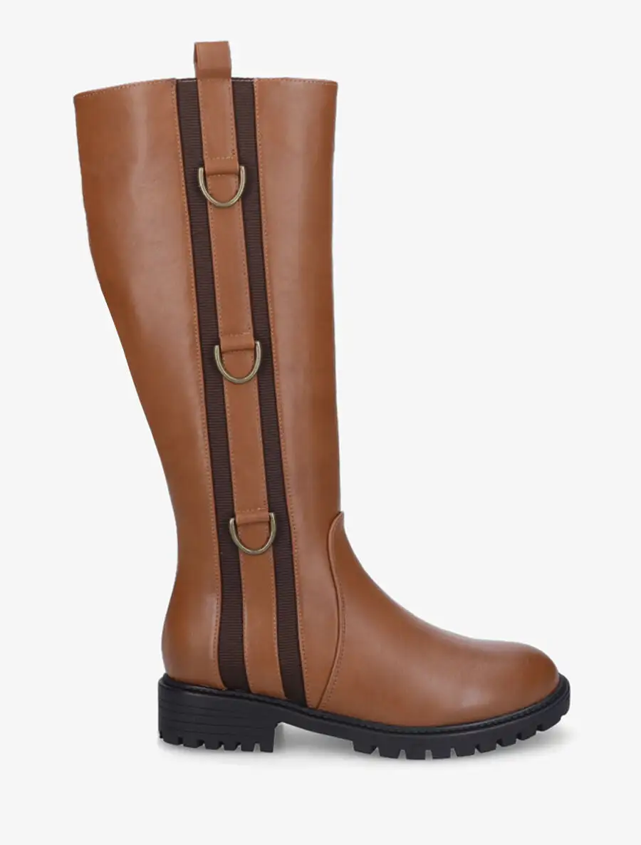 Statement Block Heel Faux Leather Flat Sole Knee High Boots