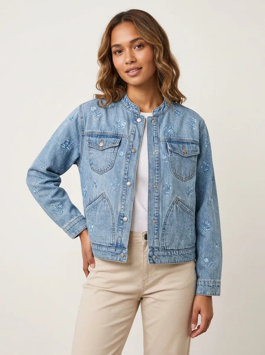 Women's Floral Embroidery Light Wash Denim Printed Jacket