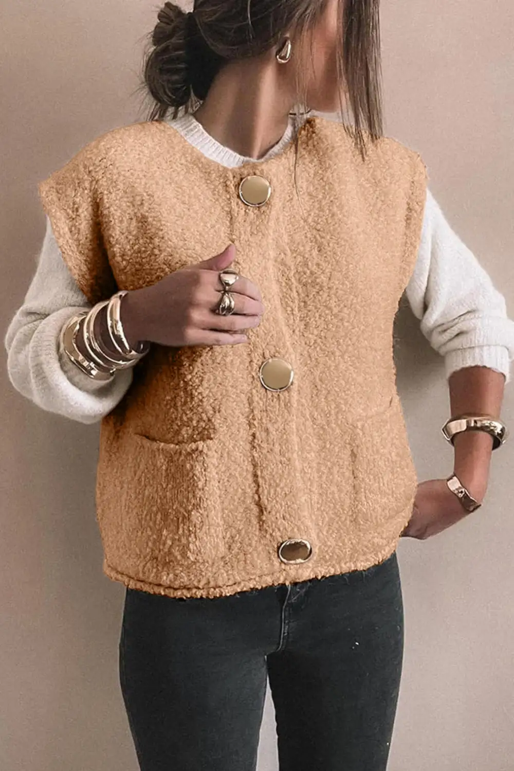 Big Button Accent Pocket Plush Vest