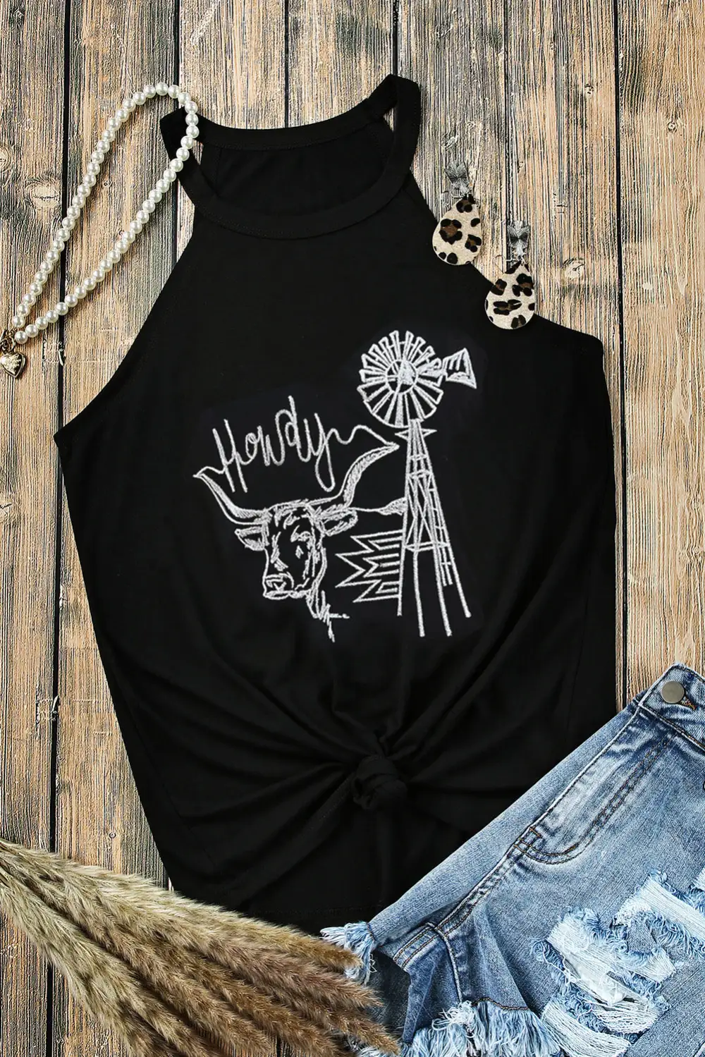 Western Howdy Embroidered Neck Tank Top