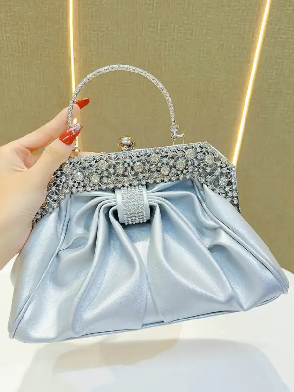 Pleated Chain Rhinestone Panel Clutch Bag
