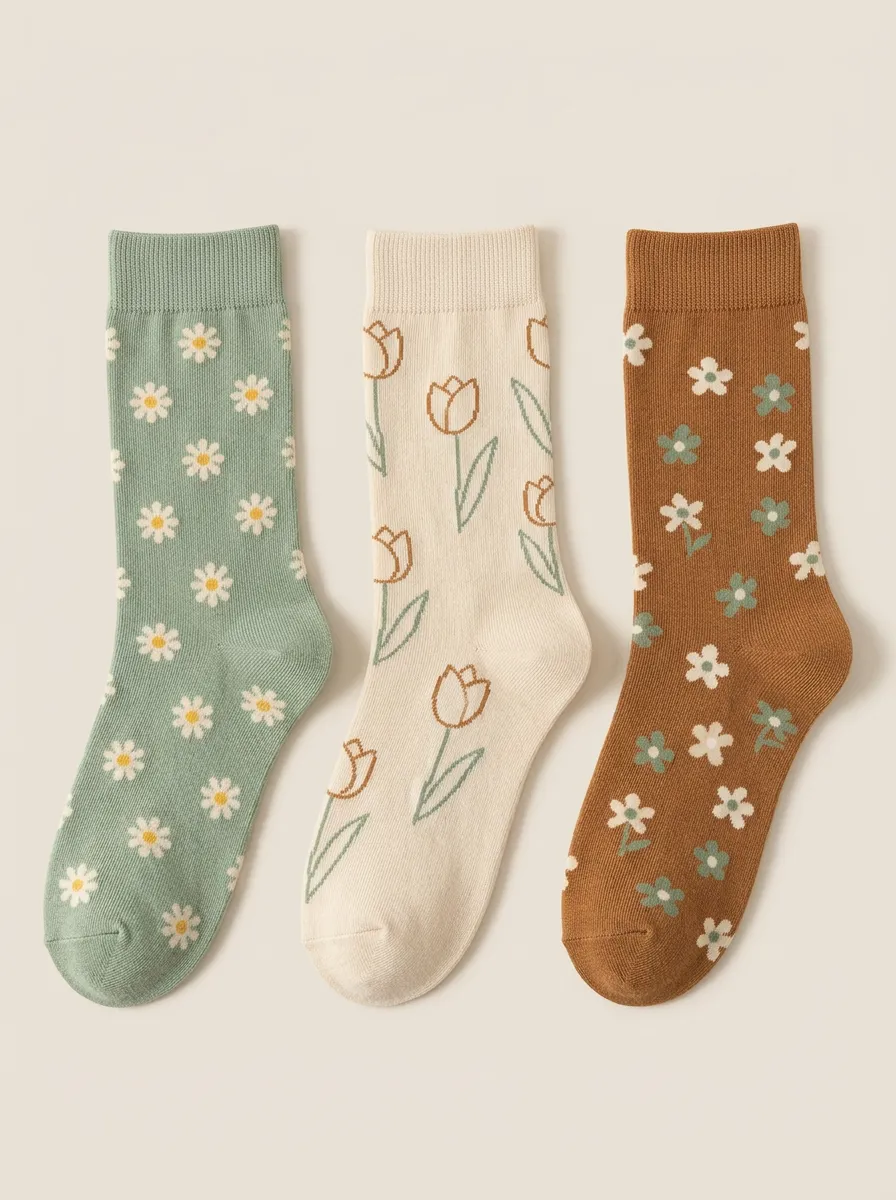 Mixed Pattern Daisy Tulip Floral Three Pair Sock Set