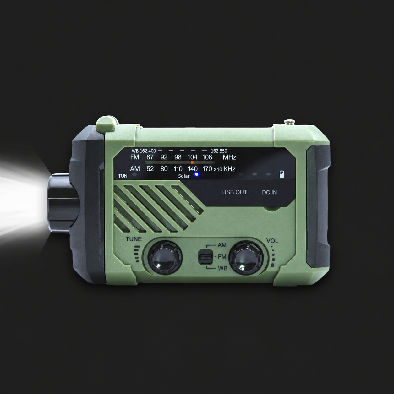 Front view showing the weather-band dial, speaker, tuning and volume controls