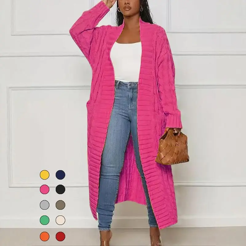 Women'S Solid Color Textured Drop Shoulder Pocket Longline Cardigan, Casual Open Front Long Sleeve Knitwear For Fall & Winter, Women'S Knit Clothing For Daily Wear, Lady Baggy Cardigans For Women, Womenswear, Casual Knit Top