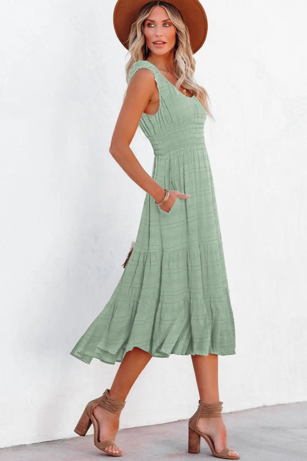 Soft Touch Square Neck Pleated Sleeveless Midi Dress