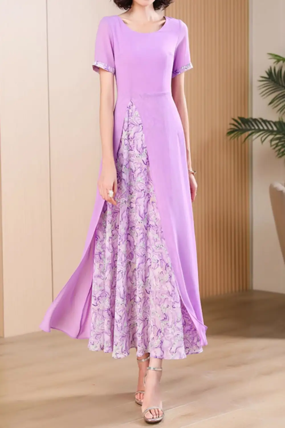 Textured Chiffon Short Sleeve Maxi Dress