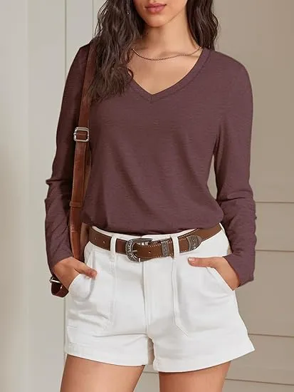 Women's V-Neck Long Sleeve Tee - Soft Curved Hem Top