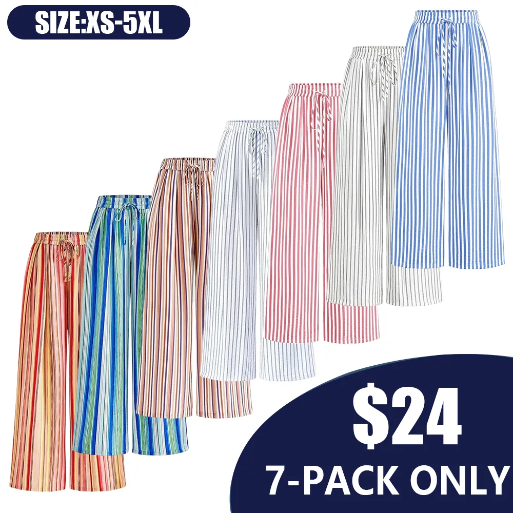 Women'S Elastic Waist Striped Lightweight Wide-Leg Pants-🔥7-Pack - All Colors Included, Only $24