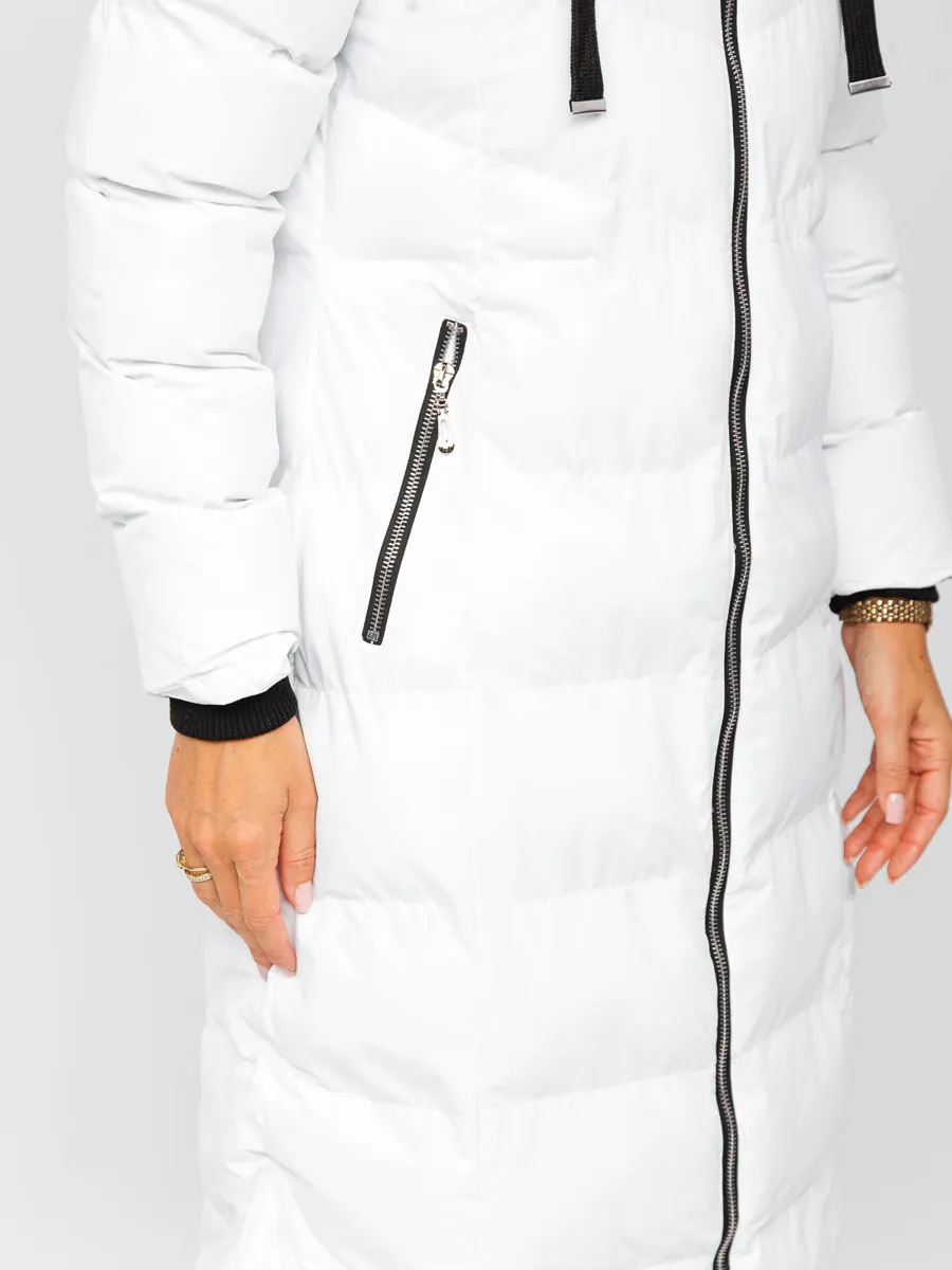 White women's long quilted winter jacket with hood