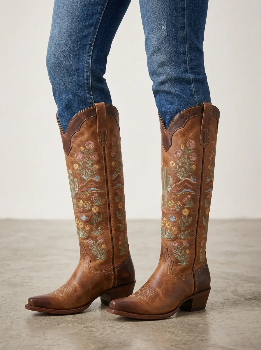 Women's Western Cactus Floral Embroidered Block-Heel Stacked-Heel Denim Over-the-Knee Boots