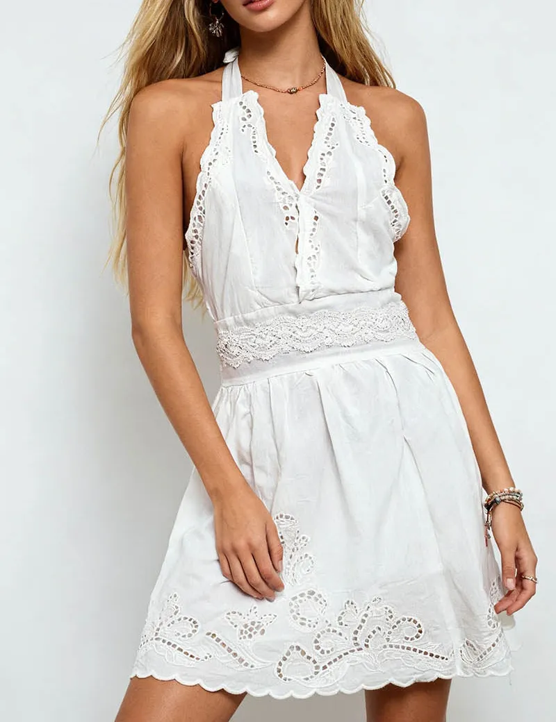 Chic Embroidery Hollow Bow Halter Neck Mini Dress