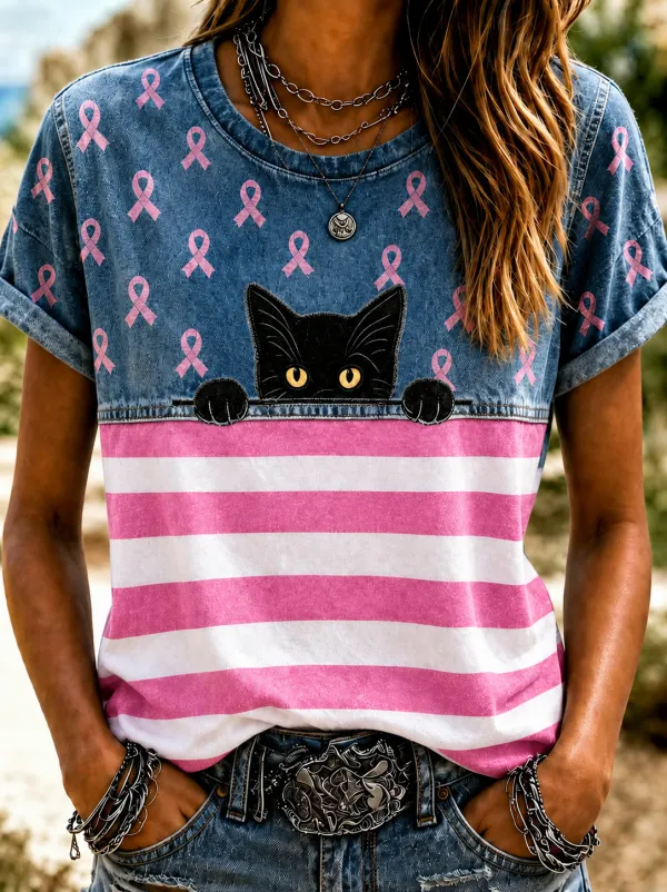 Women's Cute Cat Graphic Pink Striped T-Shirt