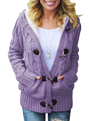 Women Hooded Knit Cardigans Button Cable Sweater Coat
