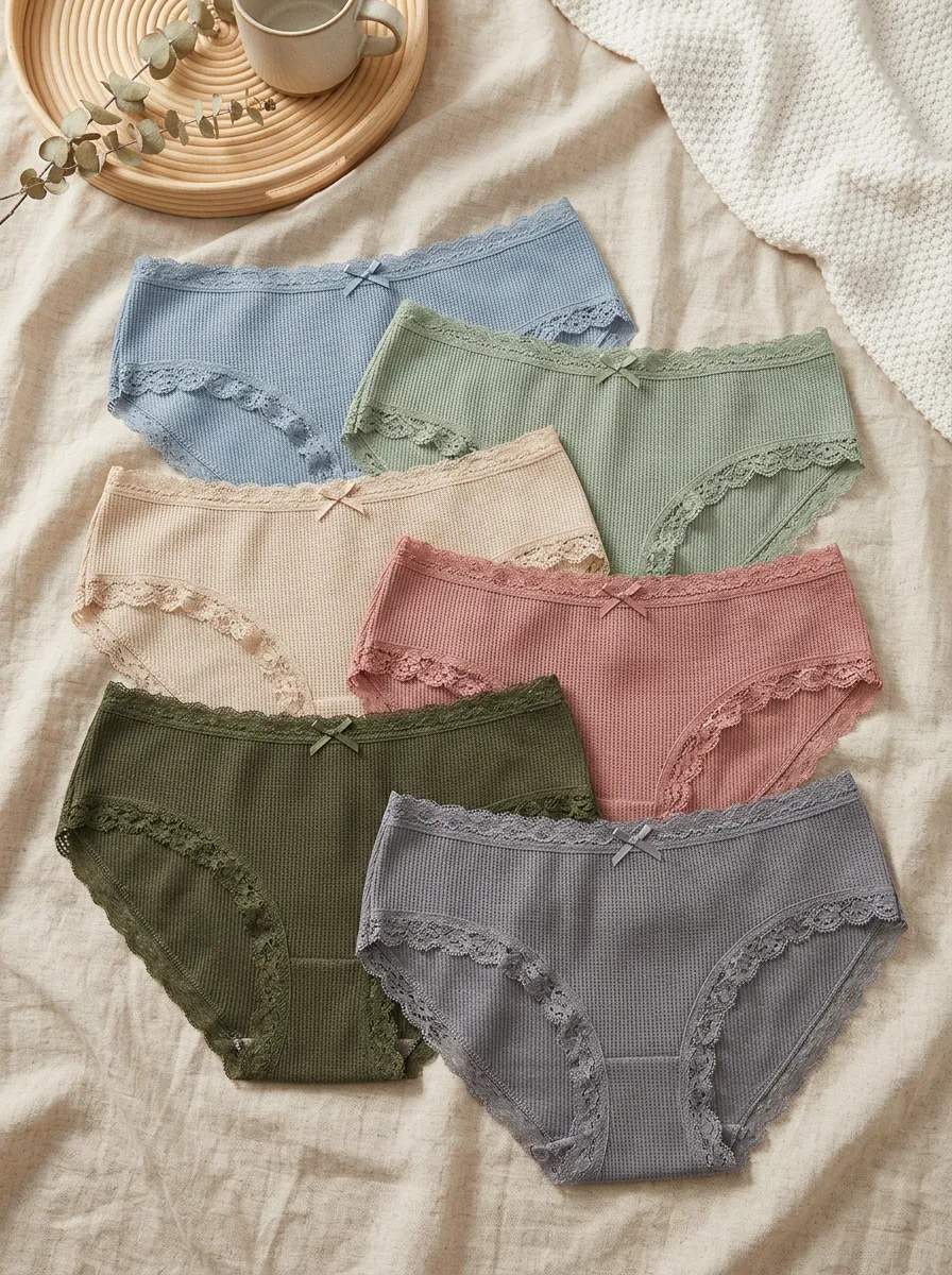 Women's Waffle Knit Lace Trim 6-Pack Underwear Set