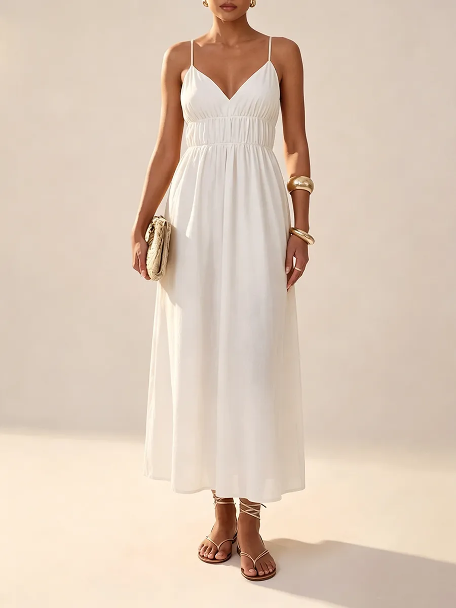 Women's Deep V-Neck Sleeveless Spaghetti Strap Ruched Flowy Maxi Sundress