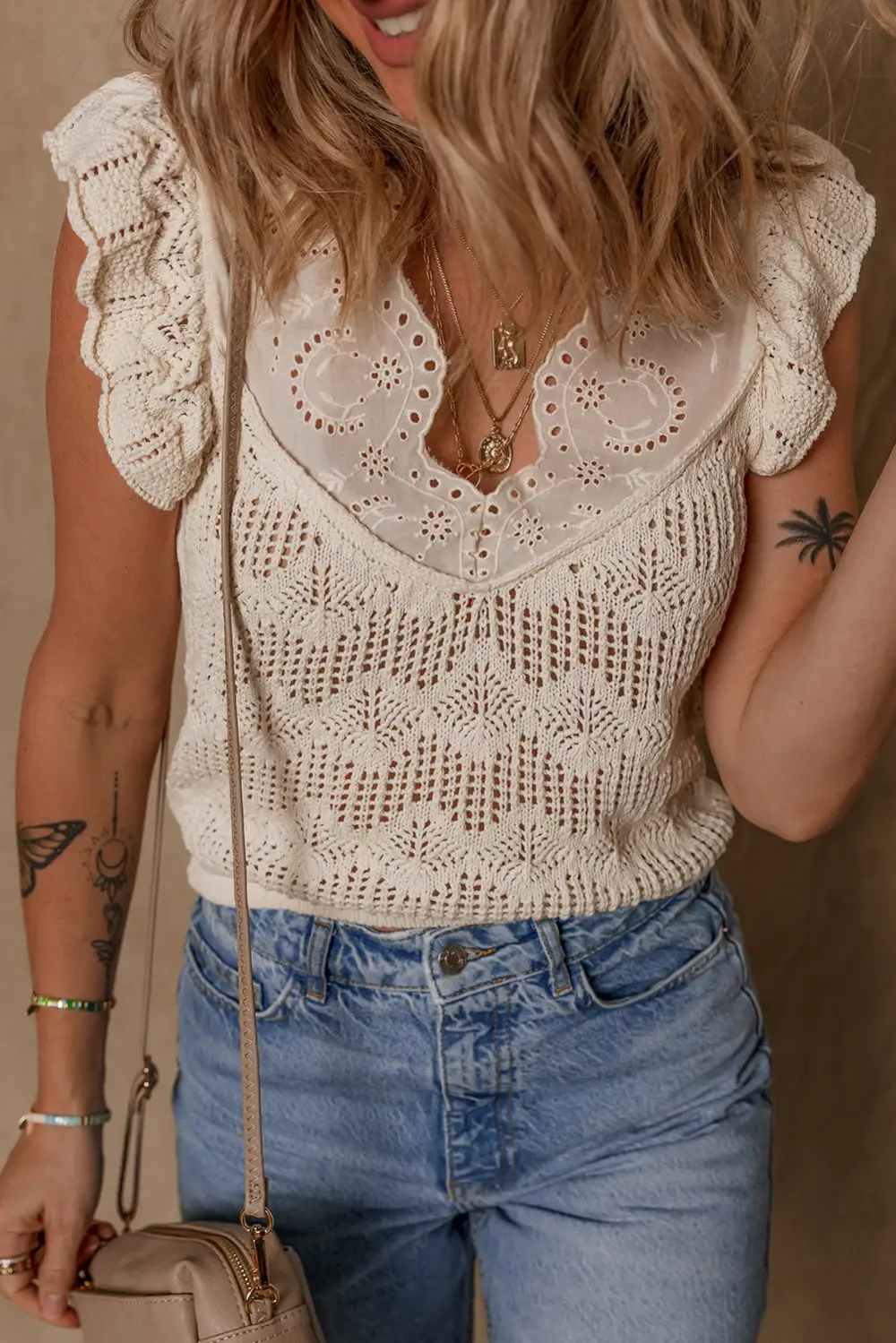 Embroidered Patchwork Cutout Knit Ruffle Sweater Vest