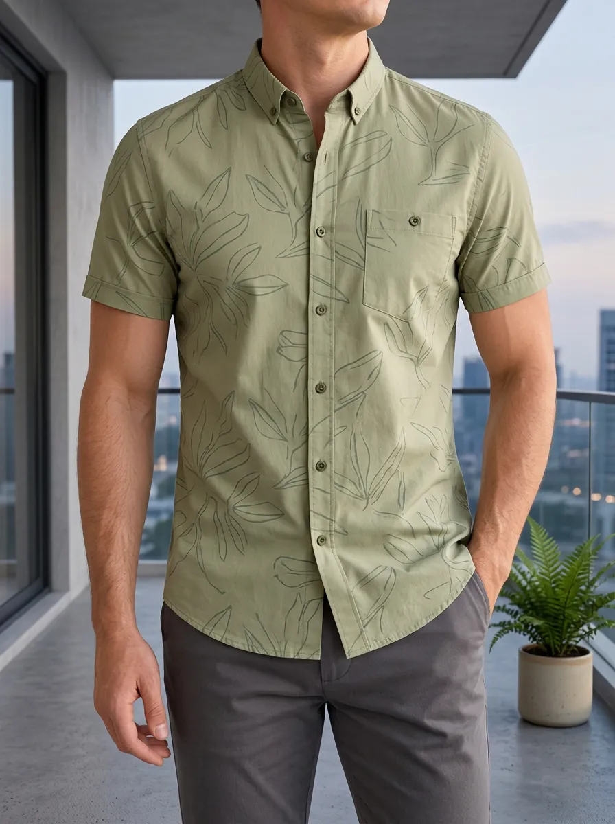Men's Botanical Chest Pocket Short Sleeve Slim Fit Shirt