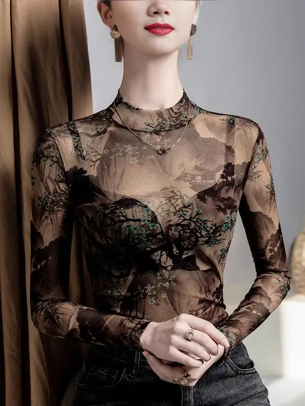 Long Sleeve Curve Fit Asymmetric Mesh Sheer Panel Detail Round Neck T-Shirt