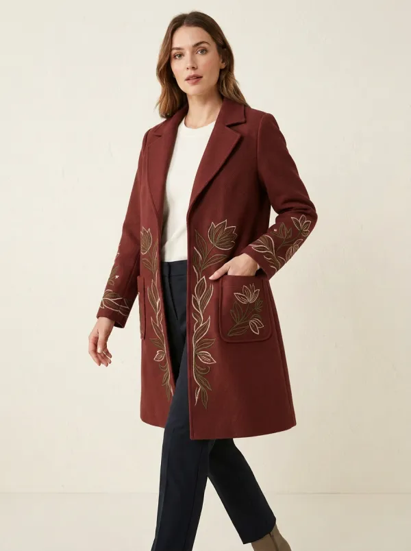 Women's Floral Embroidered Camel Coat