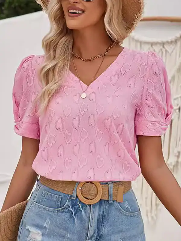 Relaxed Short Sleeve Heart Print Knot Pleat Detail Panel Detail V-Neck T-Shirt
