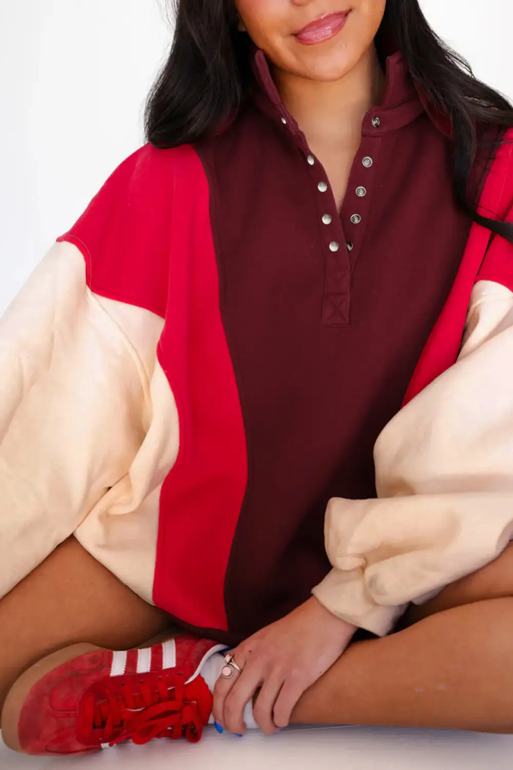 Relaxed Patchwork Button Detail Hoodie
