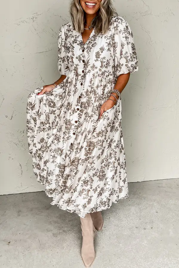 Floral Puff Sleeve V Neck Buttoned Front Maxi Dress
