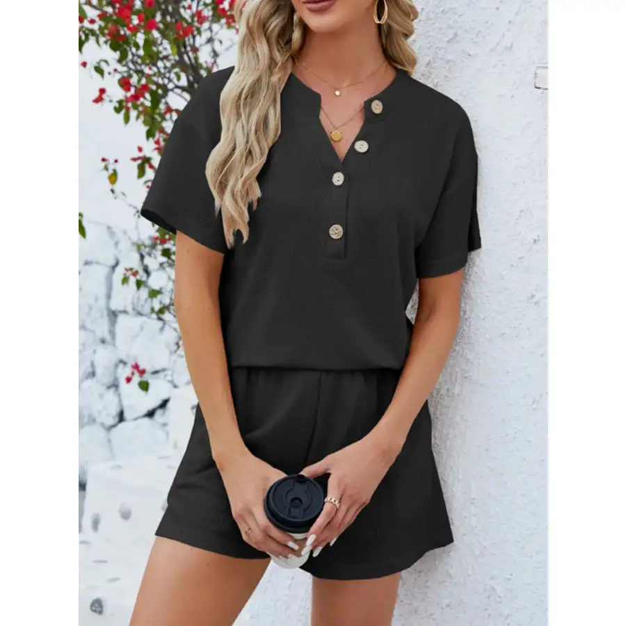 Casual Button Detail Ribbed Top and Shorts Two Piece Set