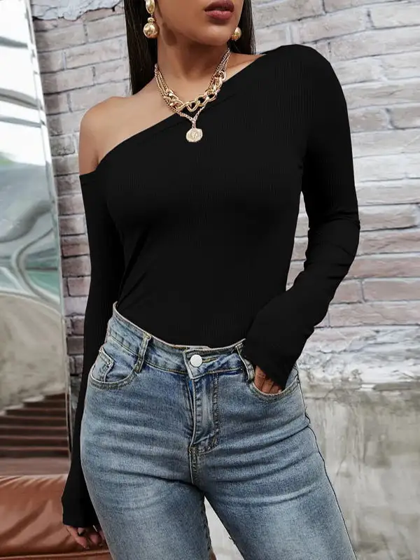 Long Sleeve Slim Fit One Shoulder T-Shirt