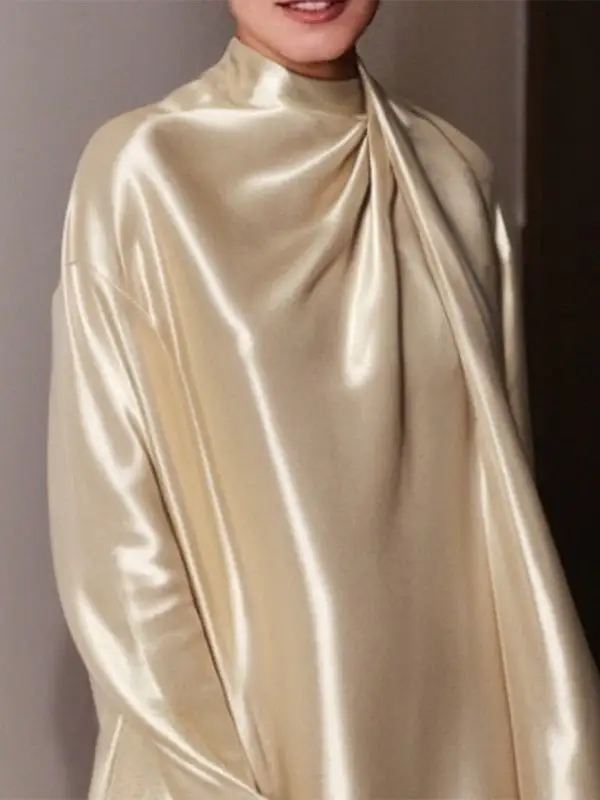 Long Sleeve Relaxed Shiny Solid Color High Neck Mini Dress