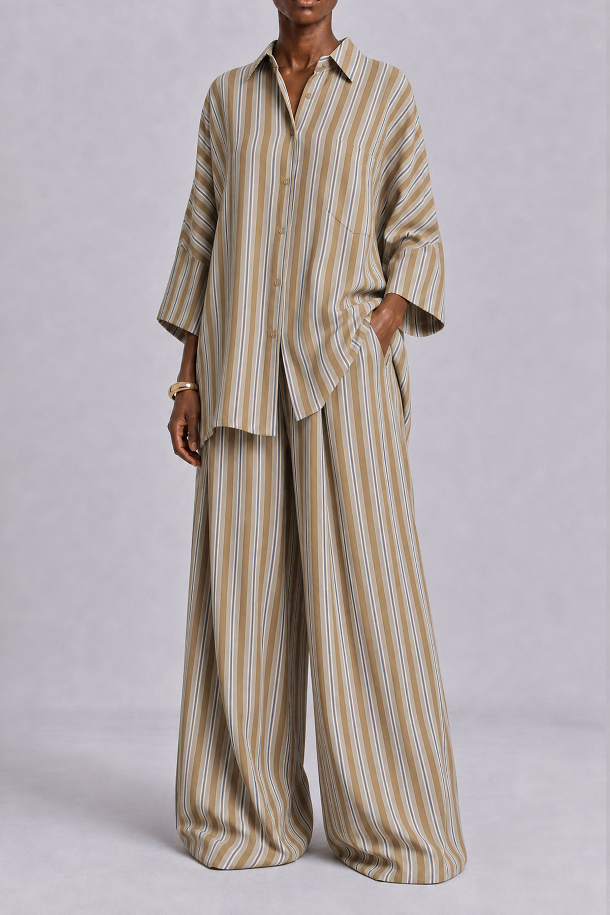 Wide Leg Button Front Striped Matching Set