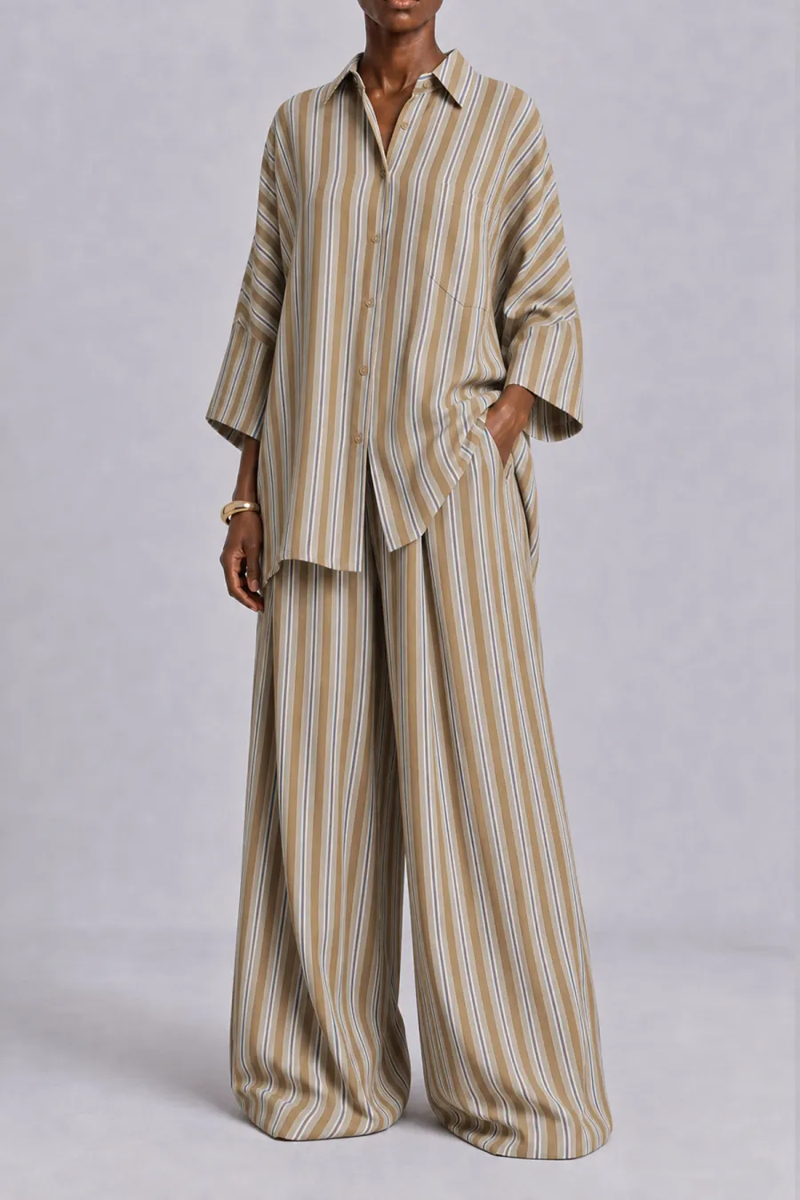 Wide Leg Button Front Striped Matching Set