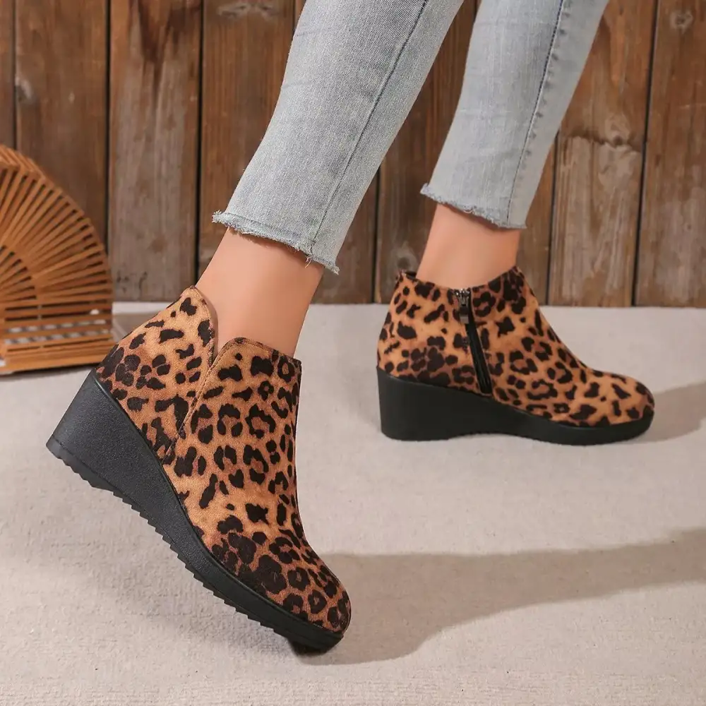 Textured Round Toe Wedge Ankle Boots