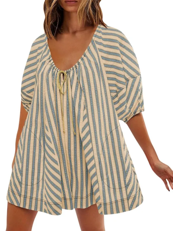Short Sleeved Striped Jumpsuit Slim Loose Shorts