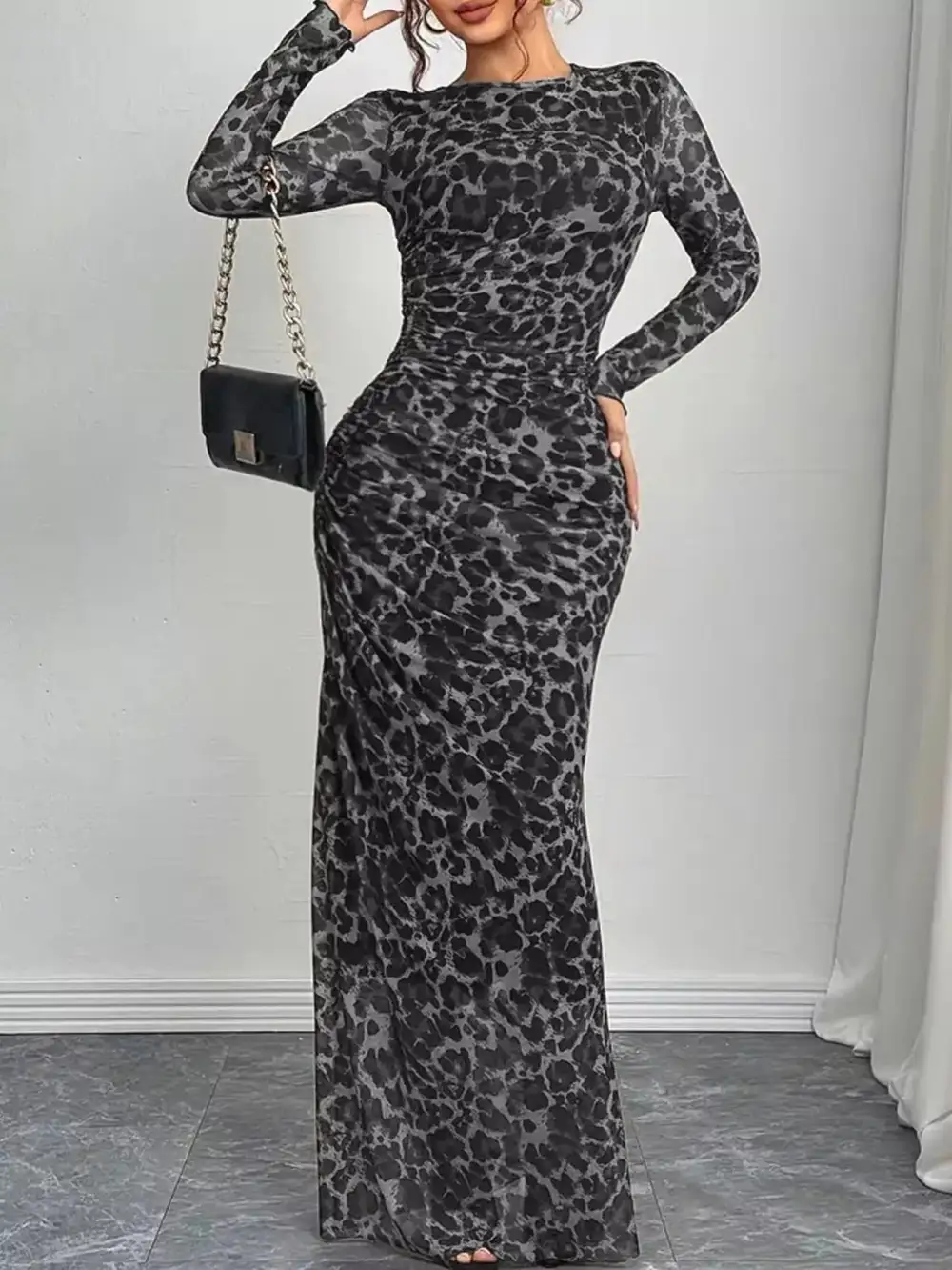 Animal Print Ruched Maxi Dress