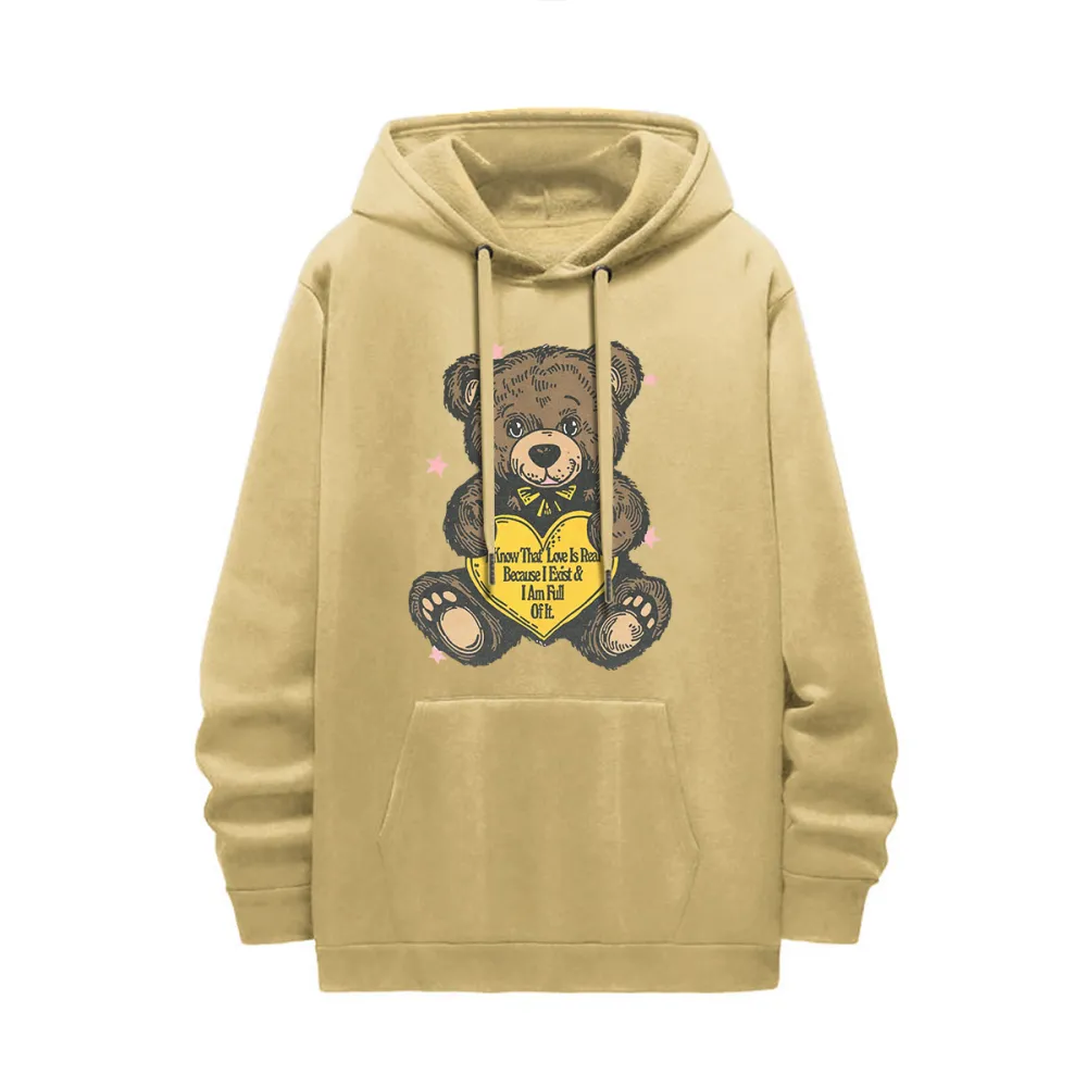 Teddy Bear Graphic Black Hoodie with Heart Element
