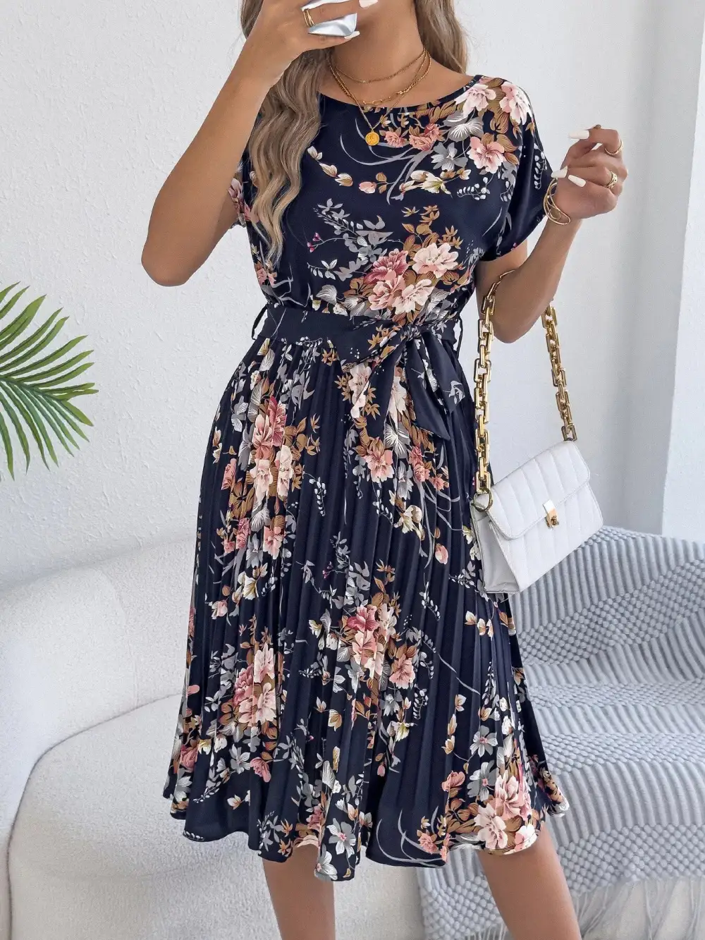 Print Pleated A-line Midi Dress