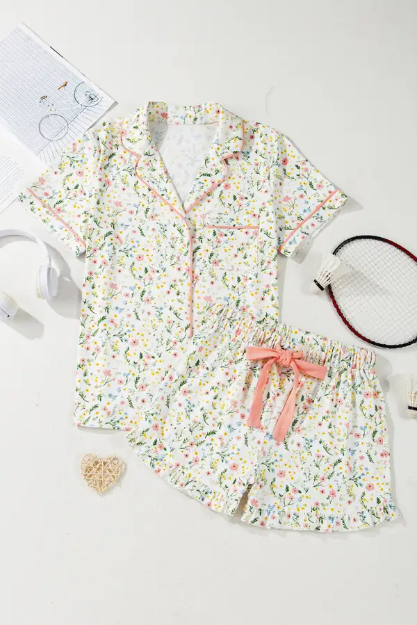 Floral Print Contrast Piping Short Pajama Set