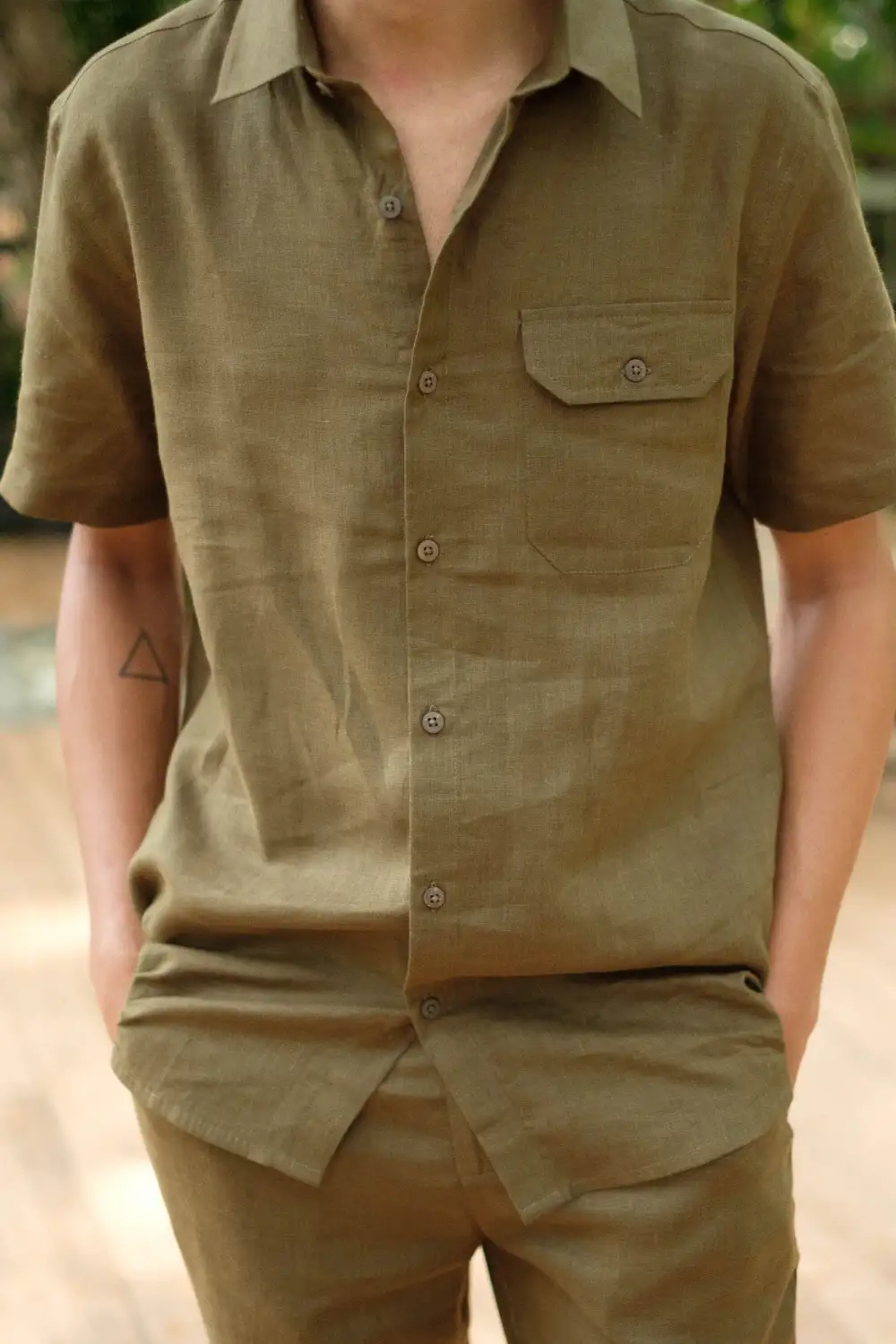 Olive Green Short Sleeve Linen Shirt