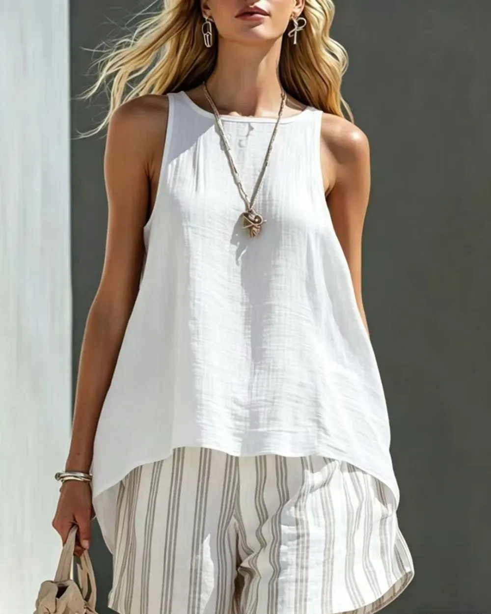 Flared Tank Top and Striped Shorts Set