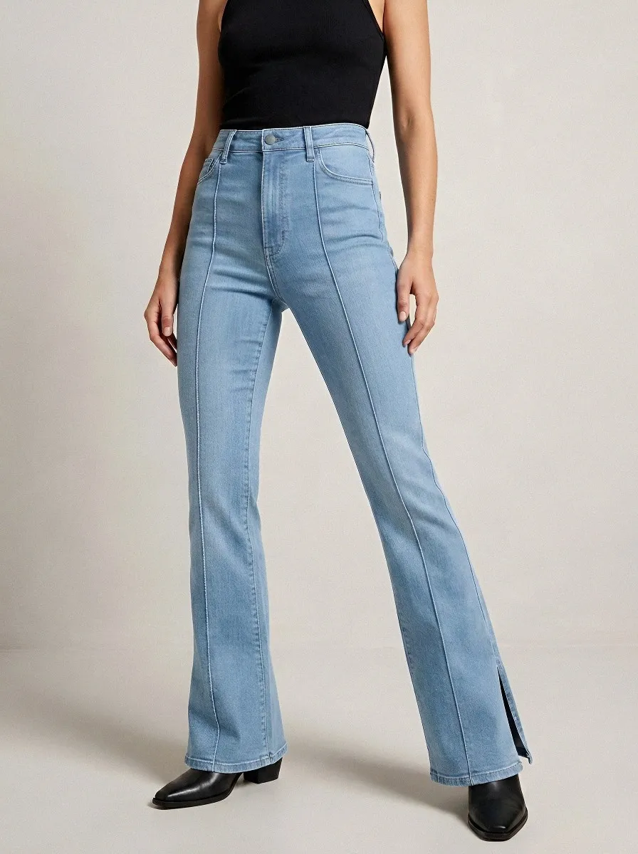 High-Waist Split-Hem Seamed Women's High-Waist Stretch Flare Jeans
