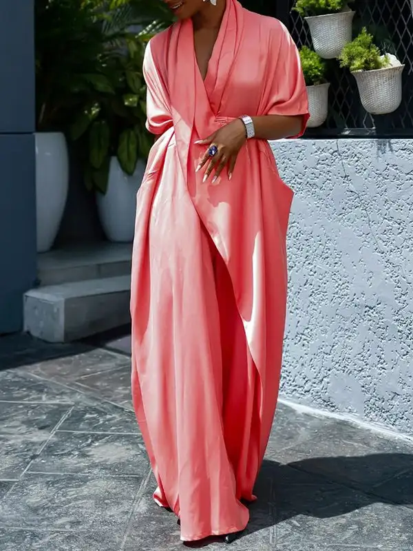 Loose Short Sleeves Asymmetric Pleated Split-Joint V-Neck Maxi Dress Shirt Dress