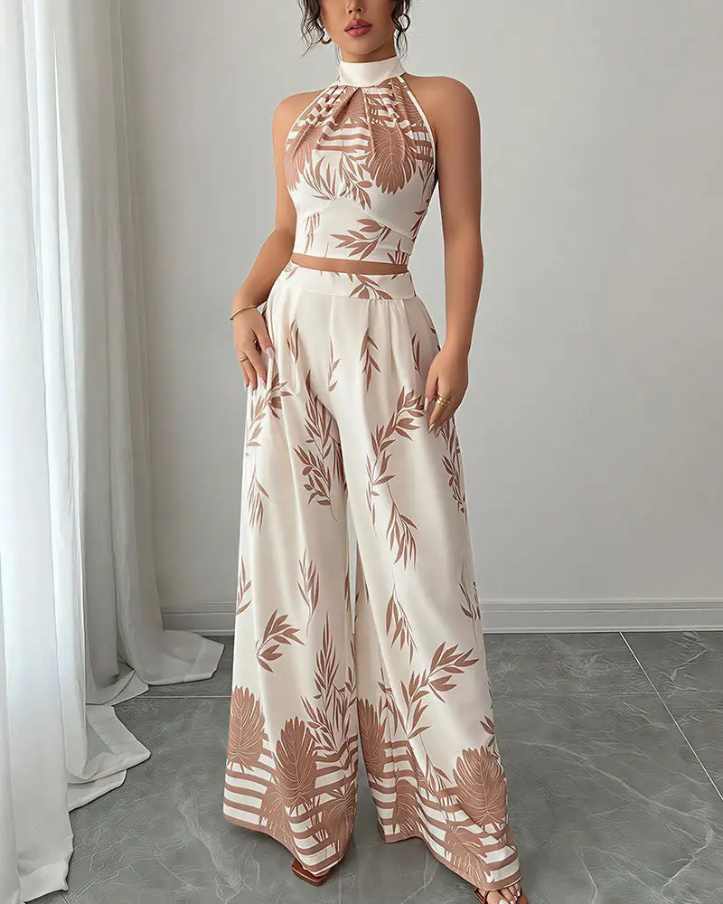 Botanical Halter Open-Back Wide Leg Two-Piece Set