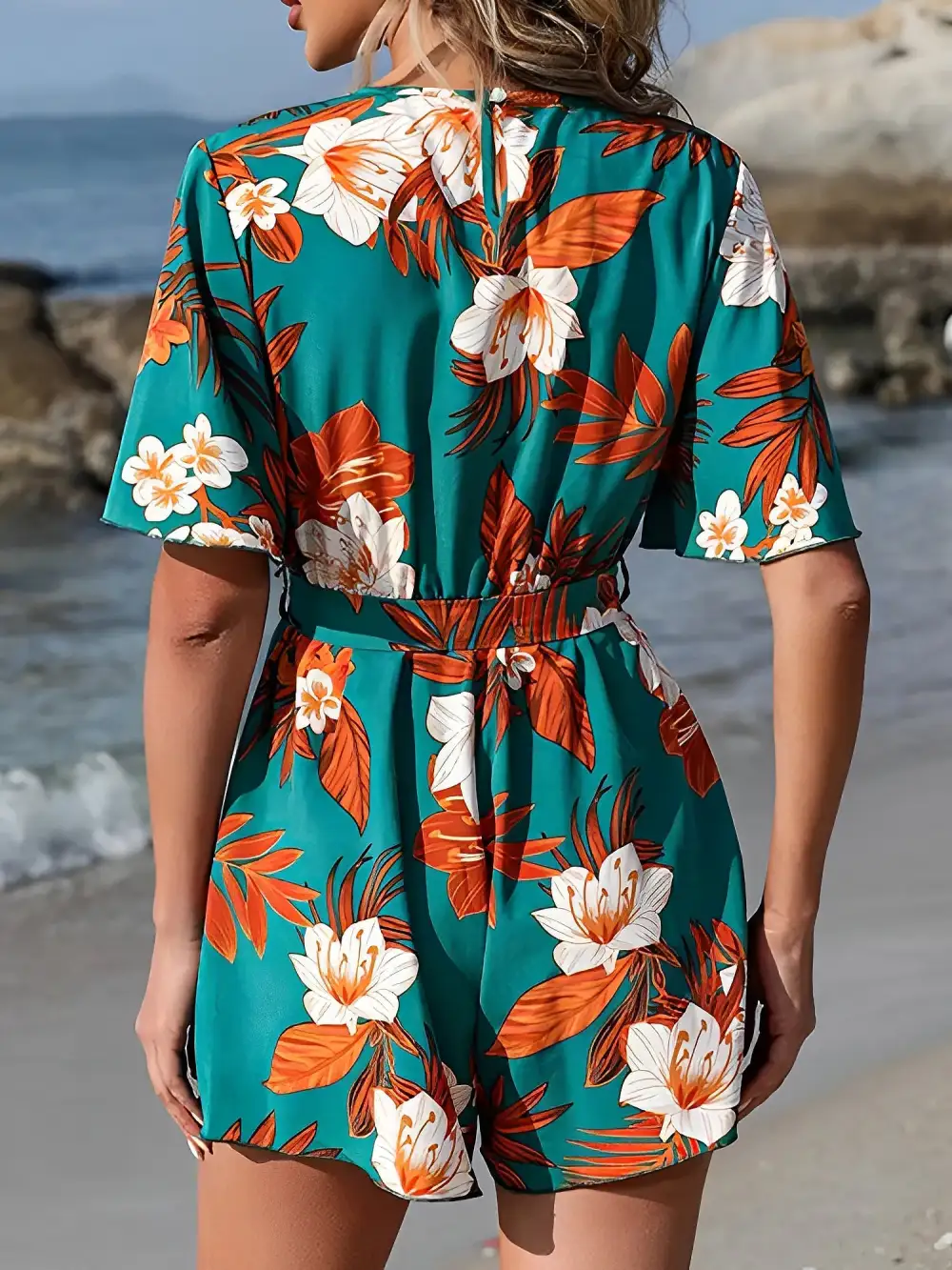 Floral Short-Sleeve V-Neck Tie-Waist Beach Romper