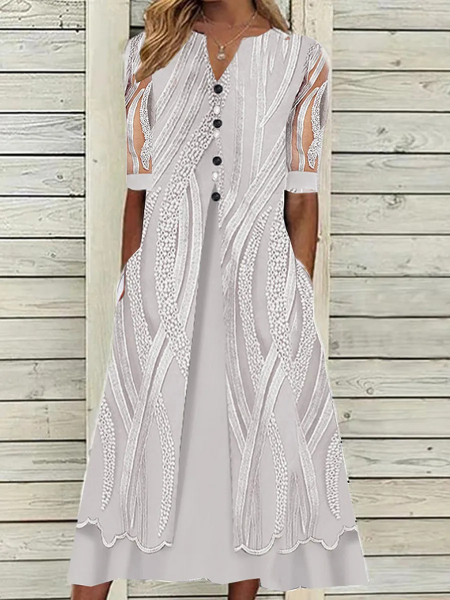 V-neck Printed Loose Short Sleeve Maxi Dress
