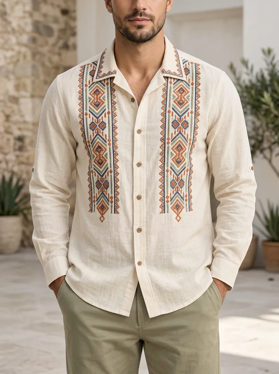 Men's Linen Geometric Boho Embroidered Shirt