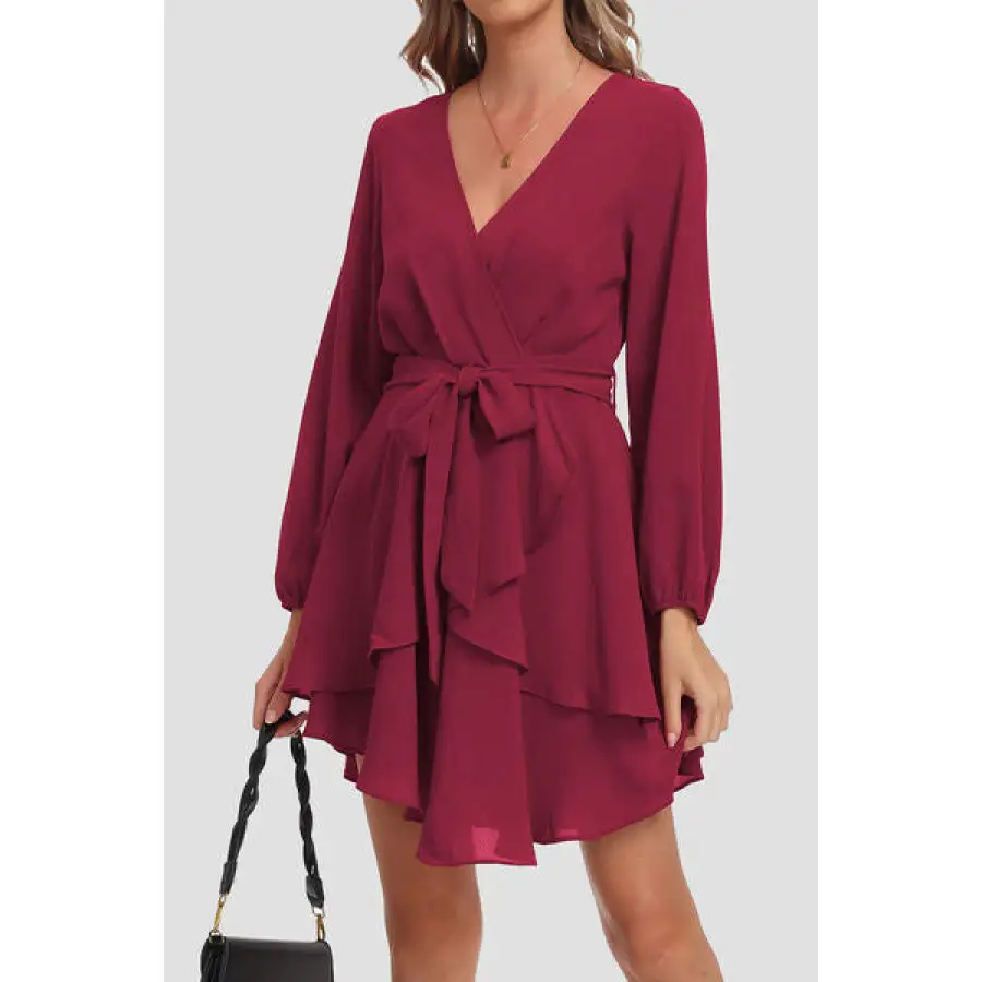 Tied Surplice Balloon Sleeve Layered Dress