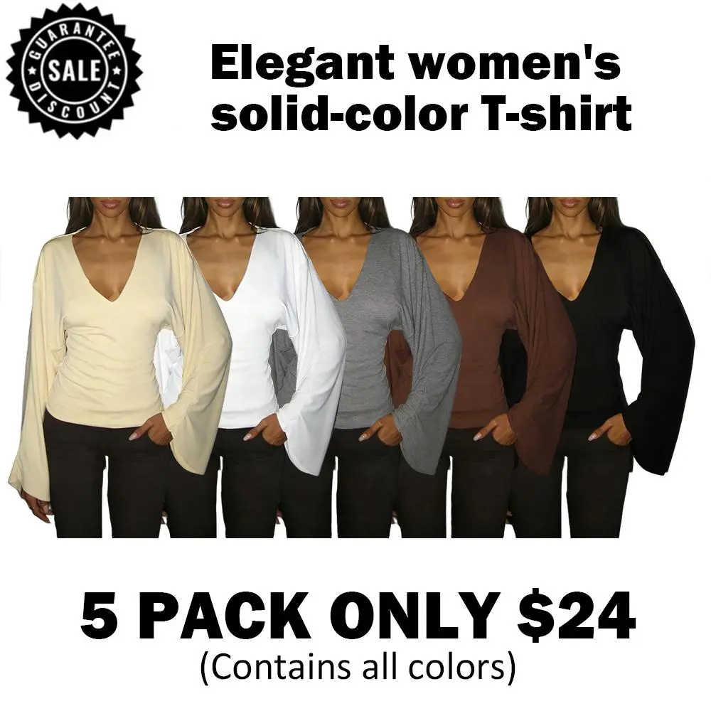 Elegant women's solid-color long-sleeved T-shirt, featuring a sexy deep V-neck and a slim-fit design